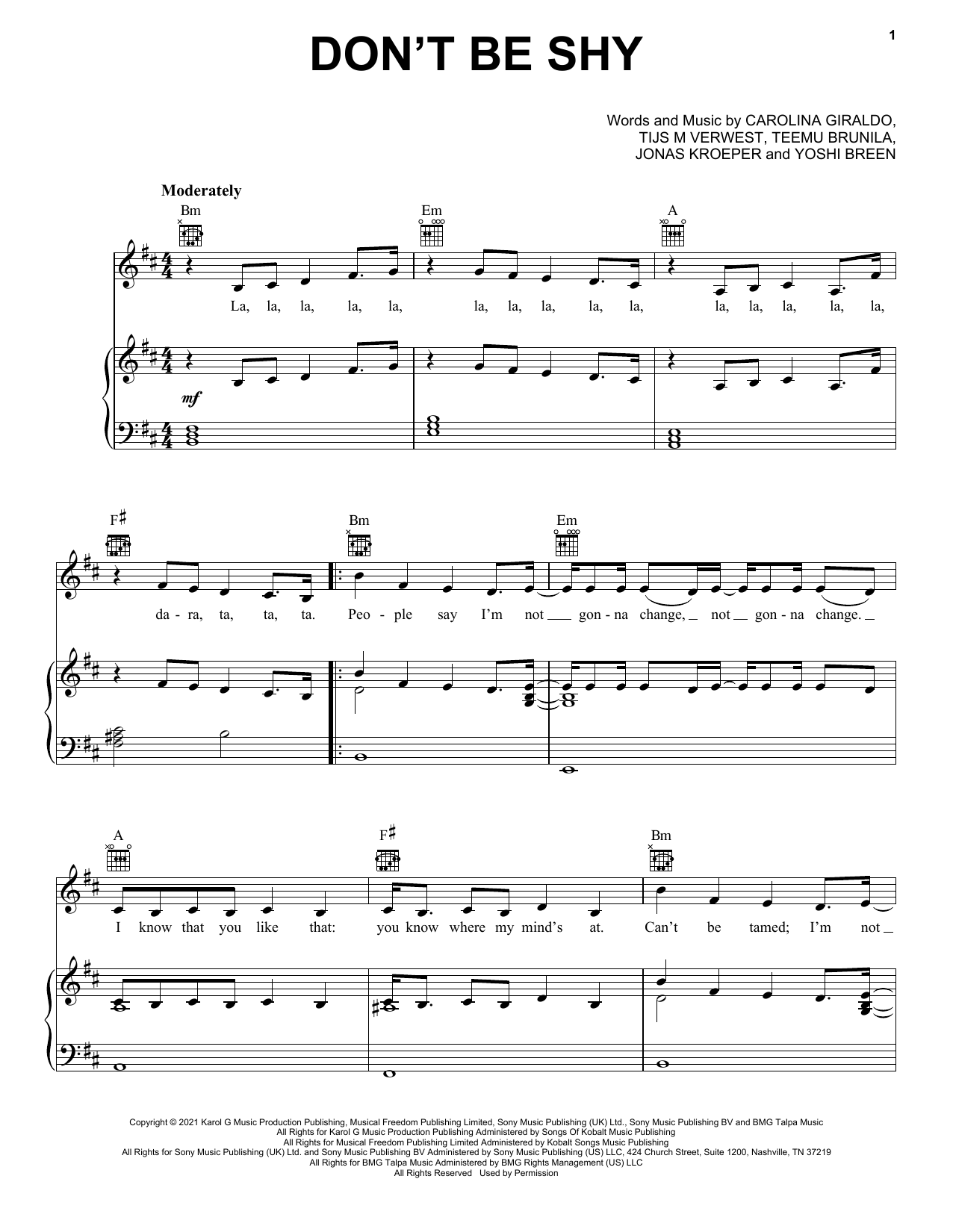 Tiësto and KAROL G Don't Be Shy Sheet Music Notes & Chords for Piano, Vocal & Guitar Chords (Right-Hand Melody) - Download or Print PDF