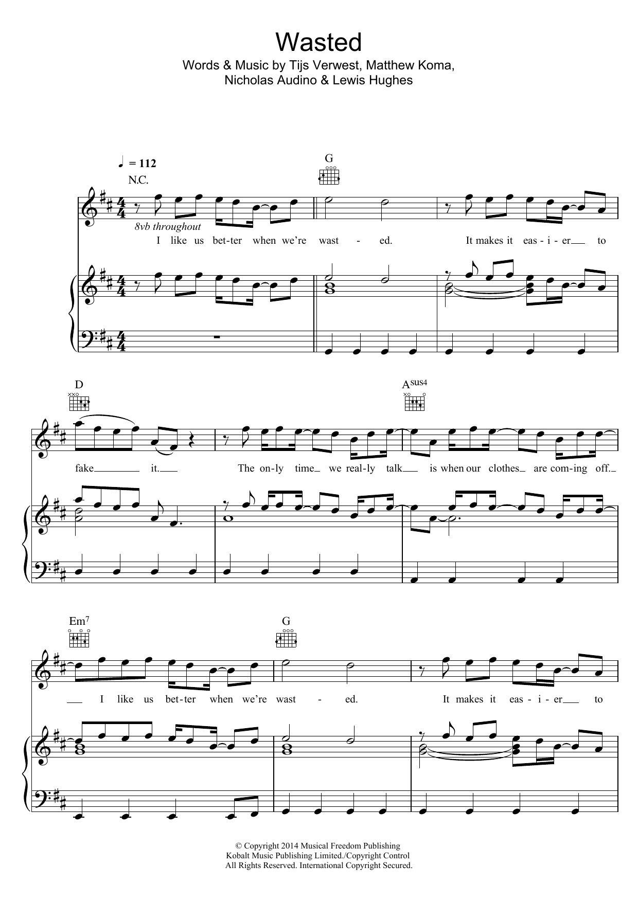 Tiesto Wasted (featuring Matthew Koma) Sheet Music Notes & Chords for Piano, Vocal & Guitar (Right-Hand Melody) - Download or Print PDF