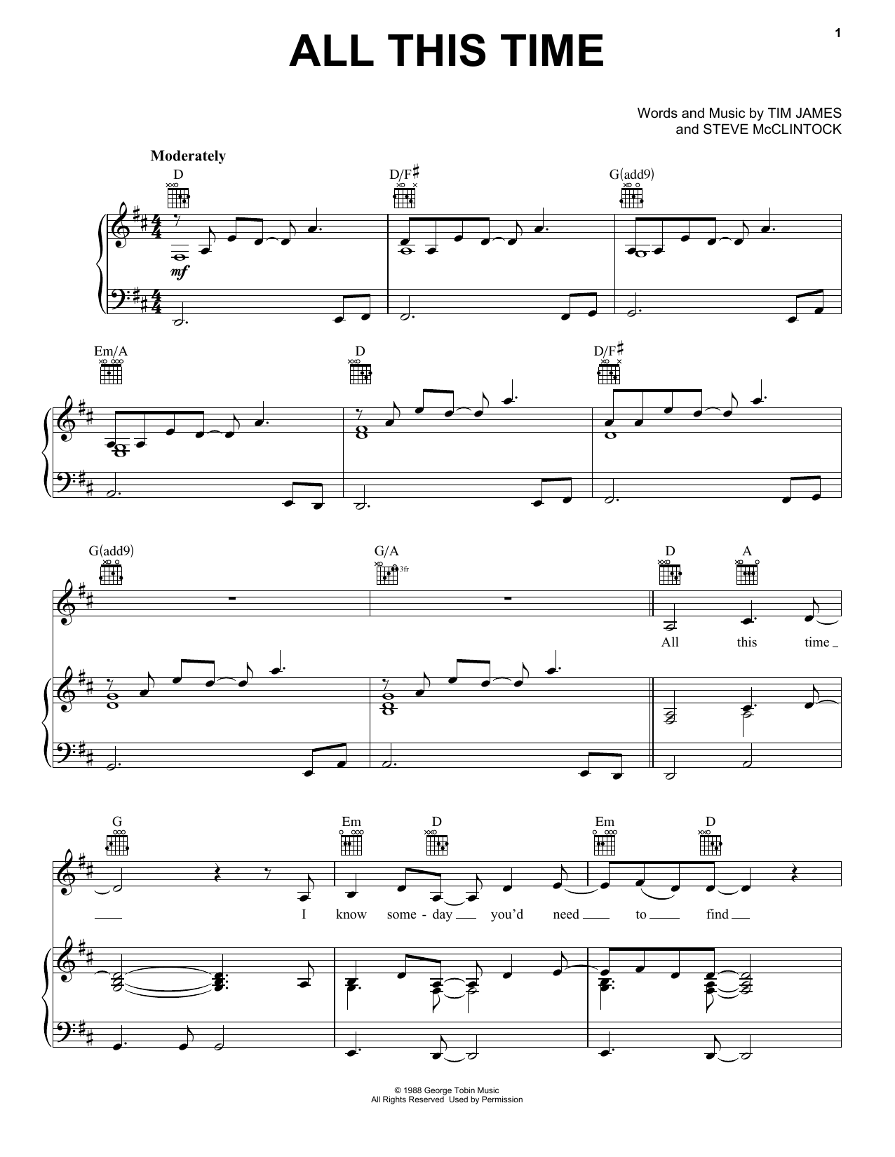 Tiffany All This Time Sheet Music Notes & Chords for Piano, Vocal & Guitar Chords (Right-Hand Melody) - Download or Print PDF