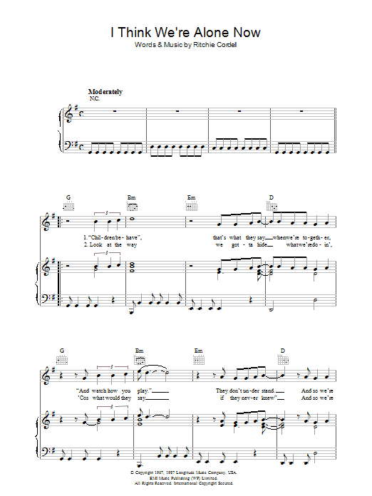 Tiffany I Think We're Alone Now Sheet Music Notes & Chords for Beginner Piano - Download or Print PDF