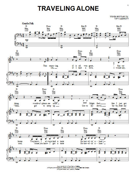 Tift Merritt Traveling Alone Sheet Music Notes & Chords for Piano, Vocal & Guitar (Right-Hand Melody) - Download or Print PDF Tift Merritt Traveling Alone Sheet Music Notes & Chords for Piano, Vocal & Guitar (Right-Hand Melody) - Download or Print PDF