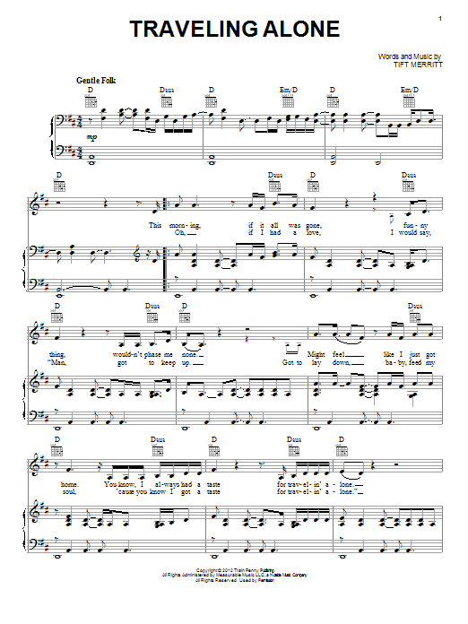Tift Merritt Traveling Alone Sheet Music Notes & Chords for Piano, Vocal & Guitar (Right-Hand Melody) - Download or Print PDF