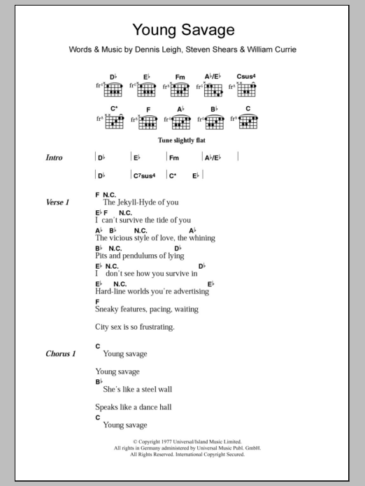 Tiger Lily Young Savage Sheet Music Notes & Chords for Lyrics & Chords - Download or Print PDF