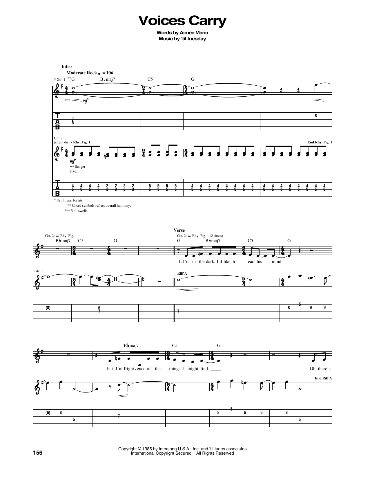 'til tuesday Voices Carry Sheet Music Notes & Chords for Guitar Tab - Download or Print PDF