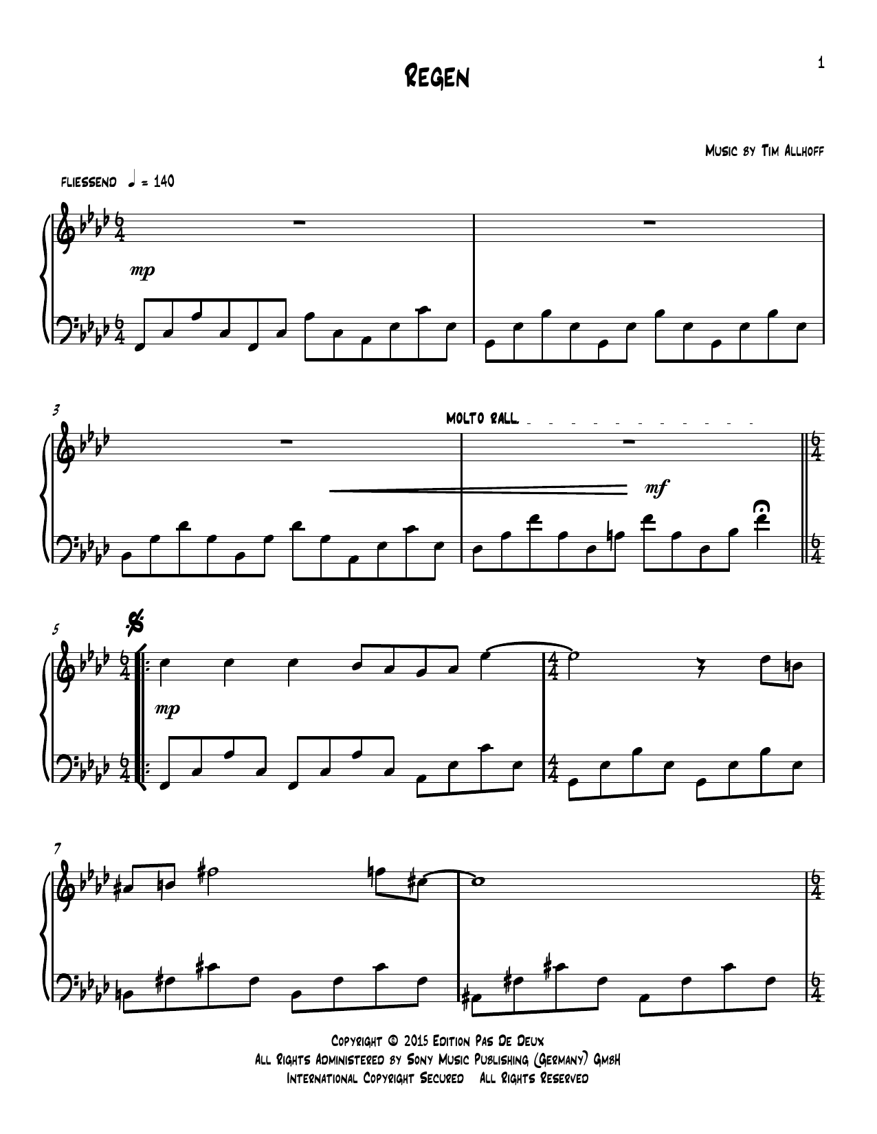 Tim Allhoff Regen Sheet Music Notes & Chords for Piano Solo - Download or Print PDF