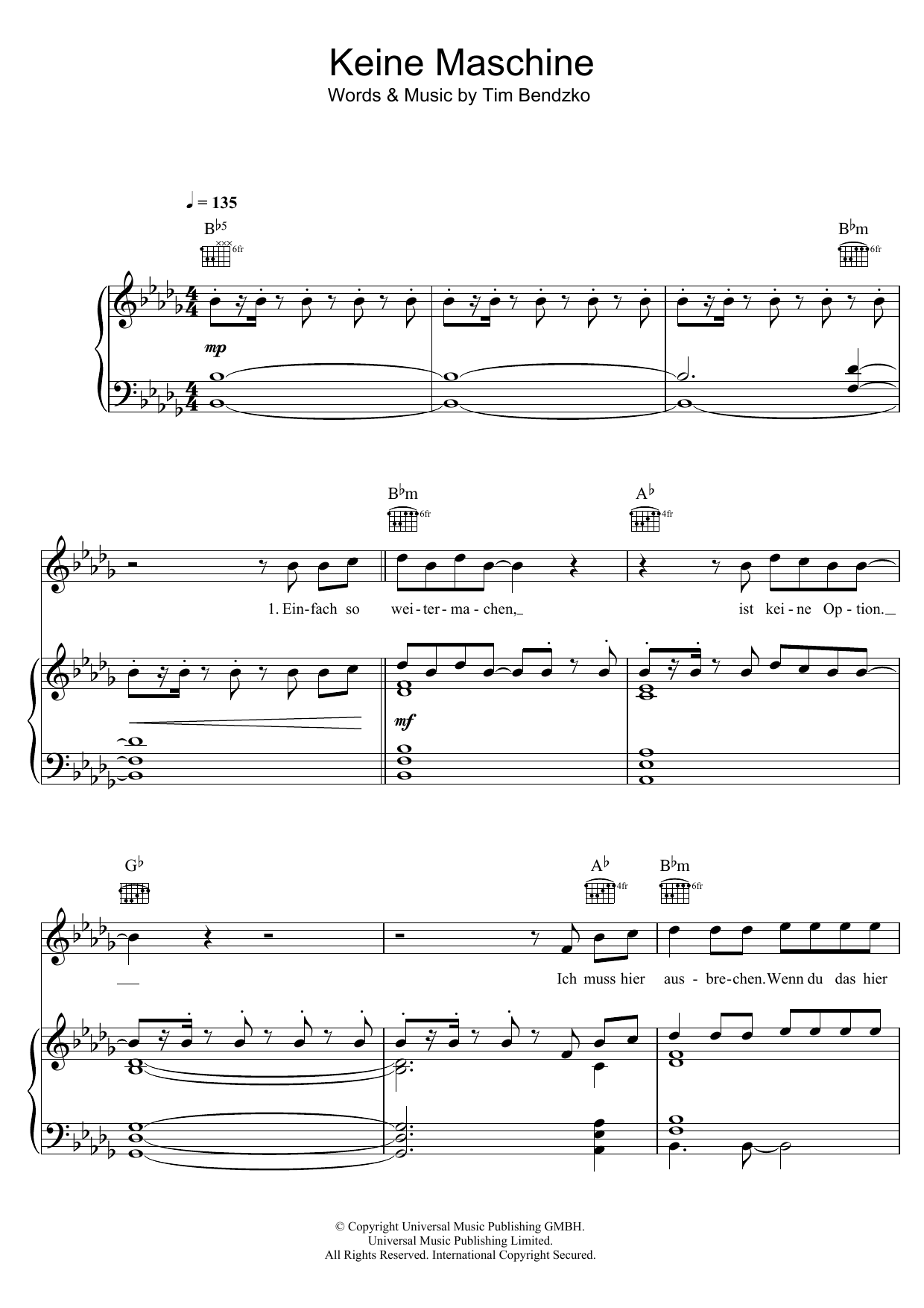 Tim Bendzko Keine Maschine Sheet Music Notes & Chords for Piano, Vocal & Guitar (Right-Hand Melody) - Download or Print PDF