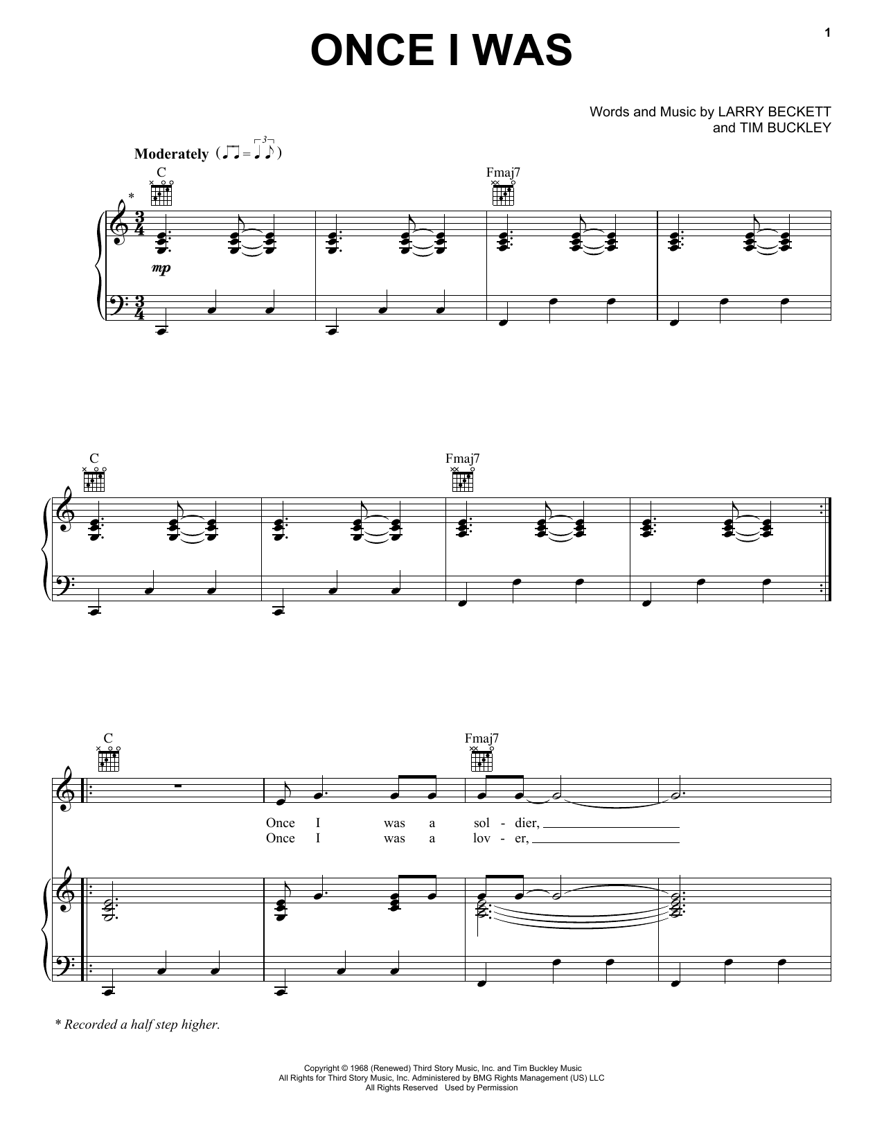 Tim Buckley Once I Was Sheet Music Notes & Chords for Piano, Vocal & Guitar (Right-Hand Melody) - Download or Print PDF
