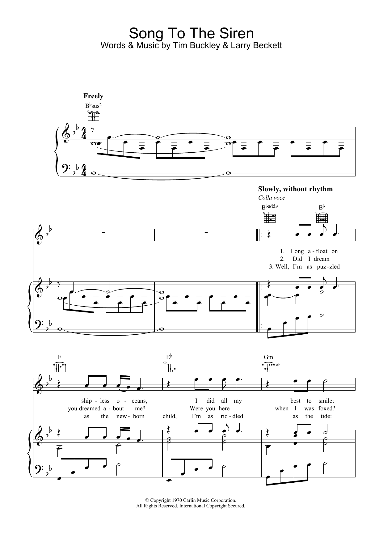 Tim Buckley Song To The Siren Sheet Music Notes & Chords for Piano, Vocal & Guitar (Right-Hand Melody) - Download or Print PDF