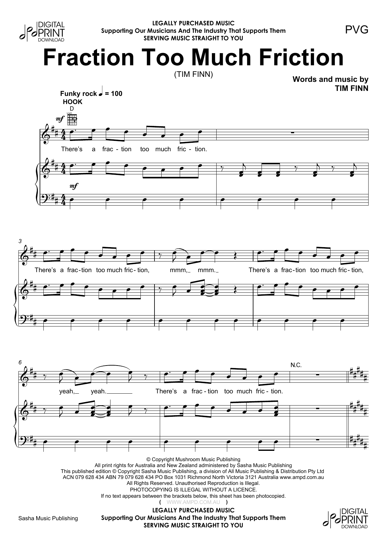 Tim Finn Fraction To Much Friction Sheet Music Notes & Chords for Piano, Vocal & Guitar (Right-Hand Melody) - Download or Print PDF