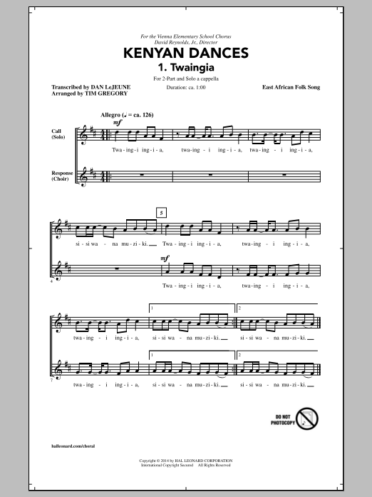 Tim Gregory Kwaheri Sheet Music Notes & Chords for 2-Part Choir - Download or Print PDF
