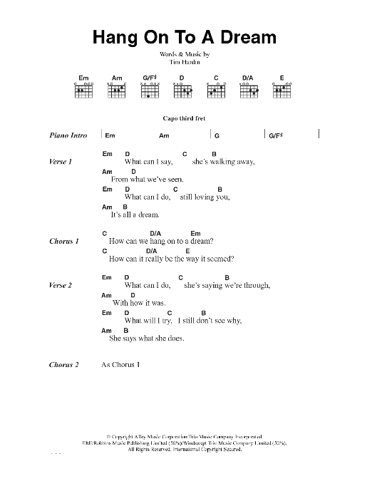 Tim Hardin Hang On To A Dream Sheet Music Notes & Chords for Lyrics & Chords - Download or Print PDF