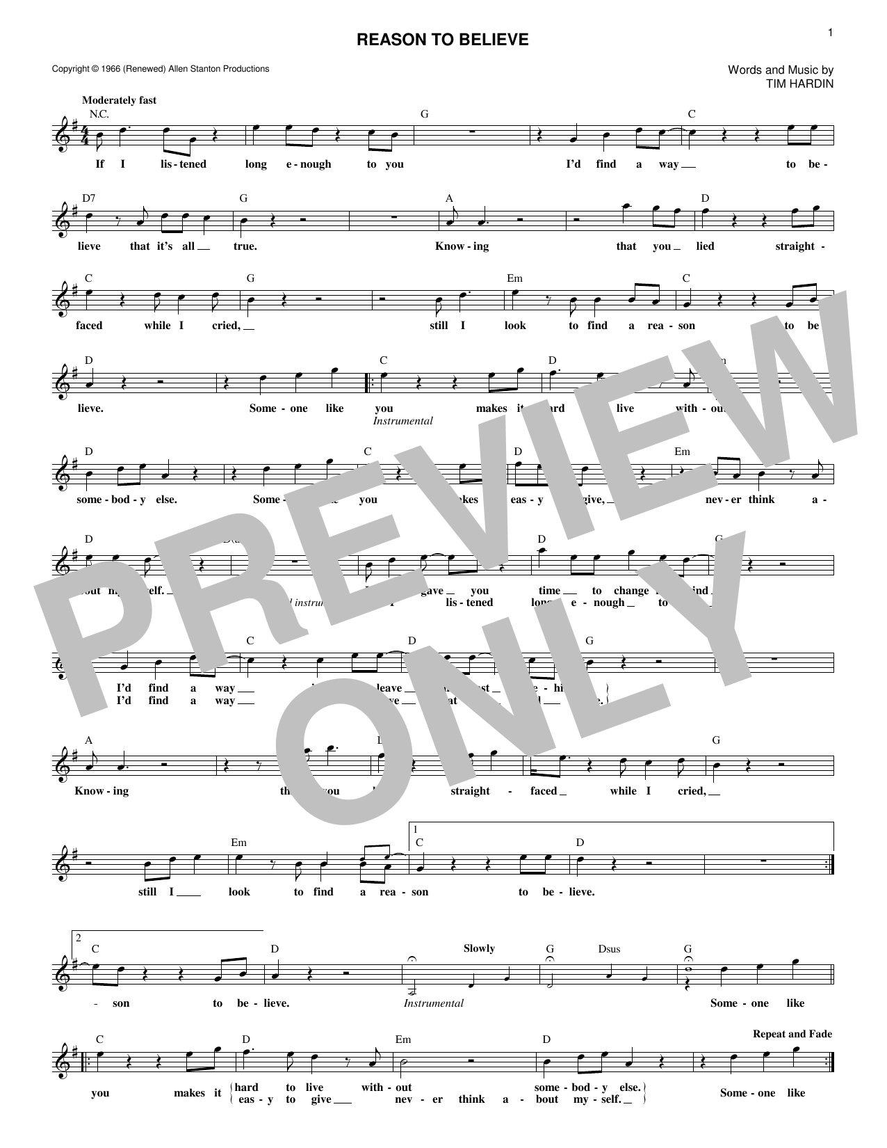Tim Hardin Reason To Believe Sheet Music Notes & Chords for Lead Sheet / Fake Book - Download or Print PDF
