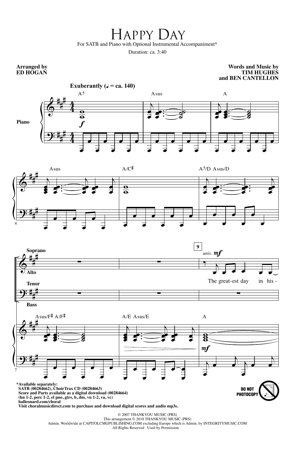 Tim Hughes & Ben Cantellon Happy Day (arr. Ed Hogan) Sheet Music Notes & Chords for SATB Choir - Download or Print PDF