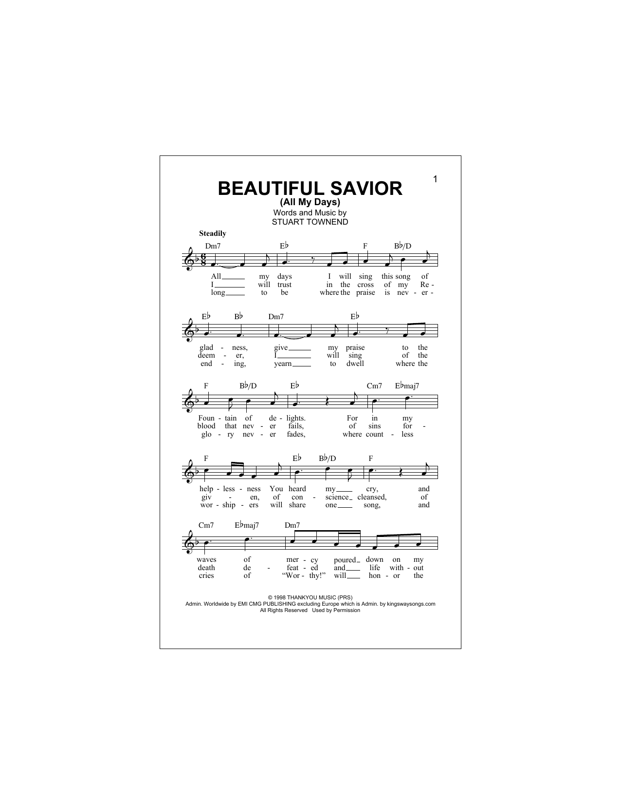 Tim Hughes Beautiful Savior (All My Days) Sheet Music Notes & Chords for Melody Line, Lyrics & Chords - Download or Print PDF