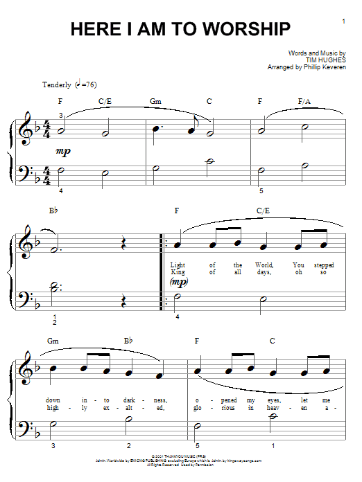 Tim Hughes Here I Am To Worship (arr. Phillip Keveren) Sheet Music Notes & Chords for Easy Piano - Download or Print PDF