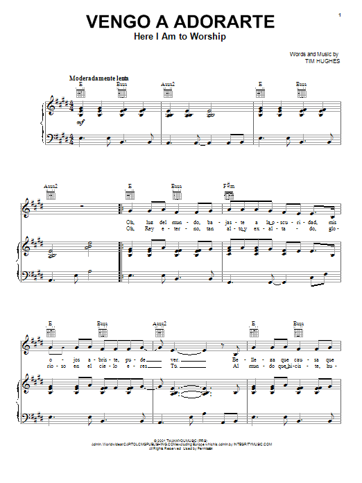 Tim Hughes Here I Am To Worship (Light Of The World) [Spanish version] Sheet Music Notes & Chords for Piano, Vocal & Guitar (Right-Hand Melody) - Download or Print PDF