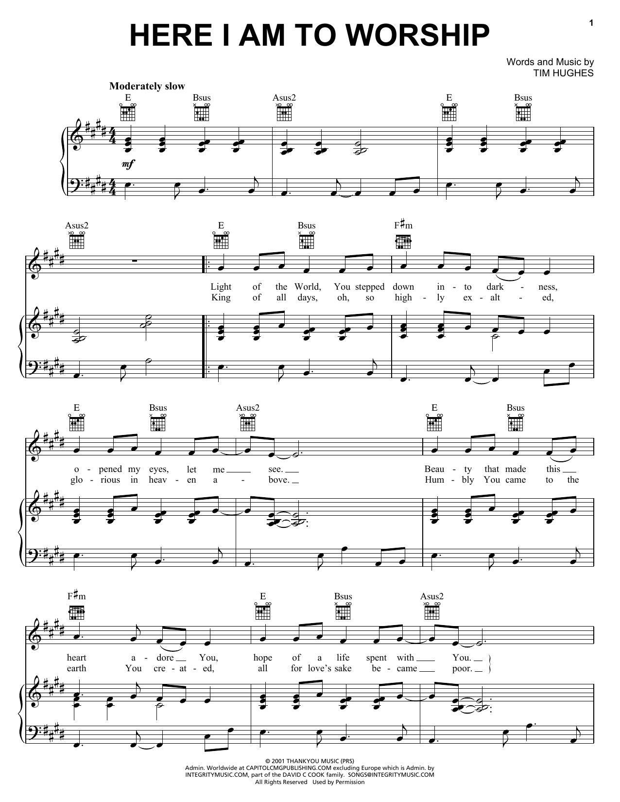 Tim Hughes Here I Am To Worship Sheet Music Notes & Chords for Piano, Vocal & Guitar (Right-Hand Melody) - Download or Print PDF