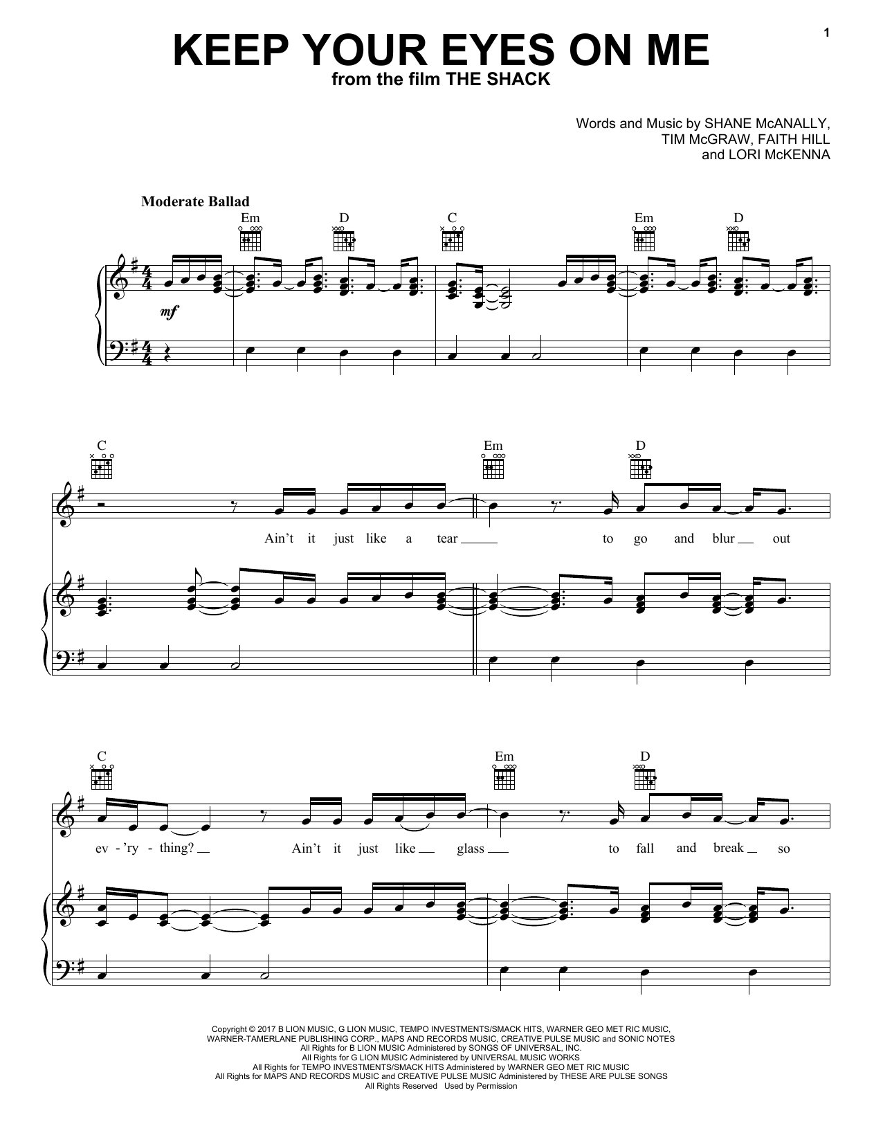 Tim McGraw and Faith Hill Keep Your Eyes On Me (from The Shack) Sheet Music Notes & Chords for Piano, Vocal & Guitar (Right-Hand Melody) - Download or Print PDF