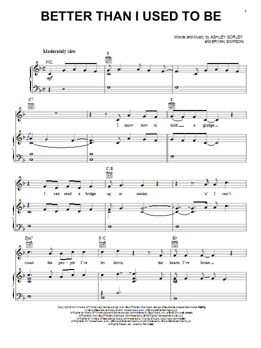 Tim McGraw Better Than I Used To Be Sheet Music Notes & Chords for Piano, Vocal & Guitar (Right-Hand Melody) - Download or Print PDF