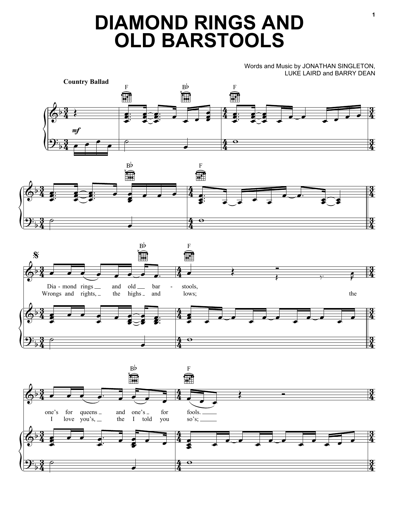 Tim McGraw Diamond Rings And Old Barstools Sheet Music Notes & Chords for Piano, Vocal & Guitar (Right-Hand Melody) - Download or Print PDF