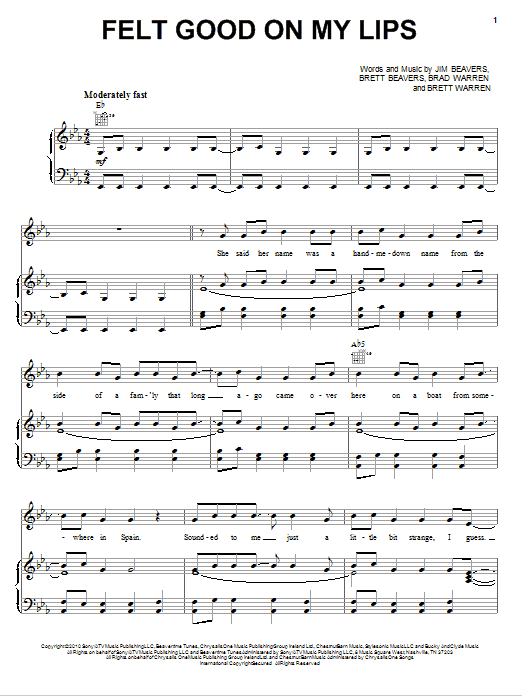 Tim McGraw Felt Good On My Lips Sheet Music Notes & Chords for Piano, Vocal & Guitar (Right-Hand Melody) - Download or Print PDF