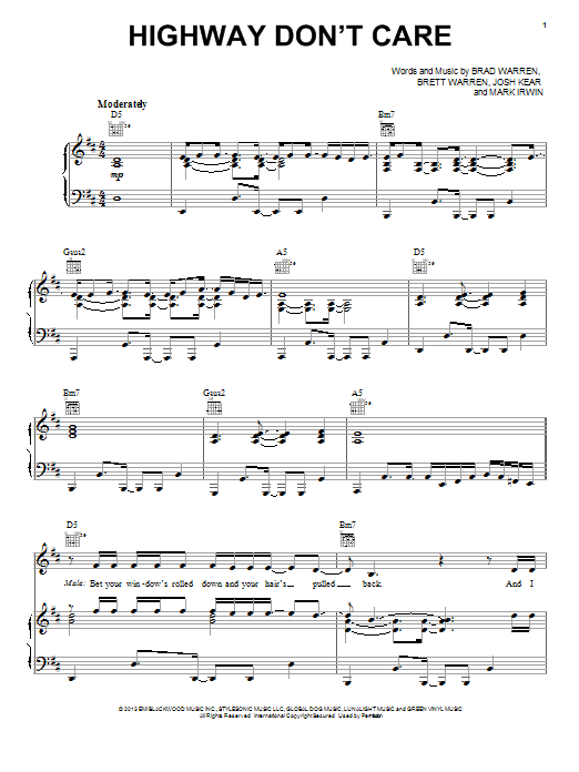 Tim McGraw Highway Don't Care Sheet Music Notes & Chords for Piano, Vocal & Guitar (Right-Hand Melody) - Download or Print PDF