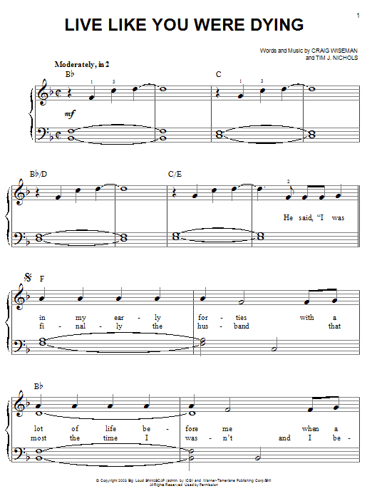 Tim McGraw Live Like You Were Dying Sheet Music Notes & Chords for Real Book – Melody, Lyrics & Chords - Download or Print PDF