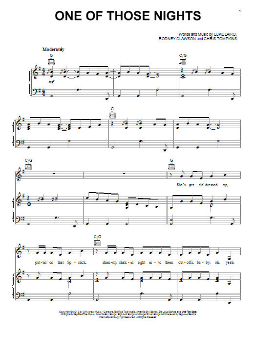 Tim McGraw One Of Those Nights Sheet Music Notes & Chords for Piano, Vocal & Guitar (Right-Hand Melody) - Download or Print PDF