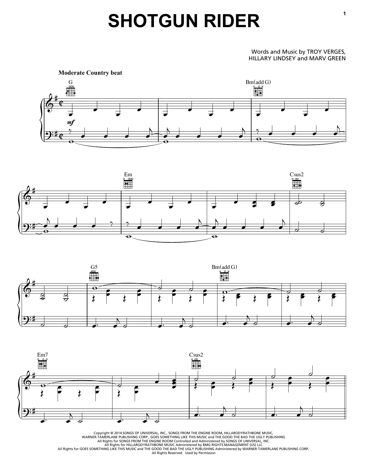 Tim McGraw Shotgun Rider Sheet Music Notes & Chords for Piano, Vocal & Guitar (Right-Hand Melody) - Download or Print PDF