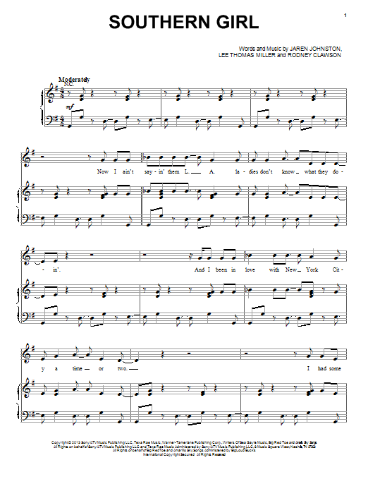 Tim McGraw Southern Girl Sheet Music Notes & Chords for Piano, Vocal & Guitar (Right-Hand Melody) - Download or Print PDF