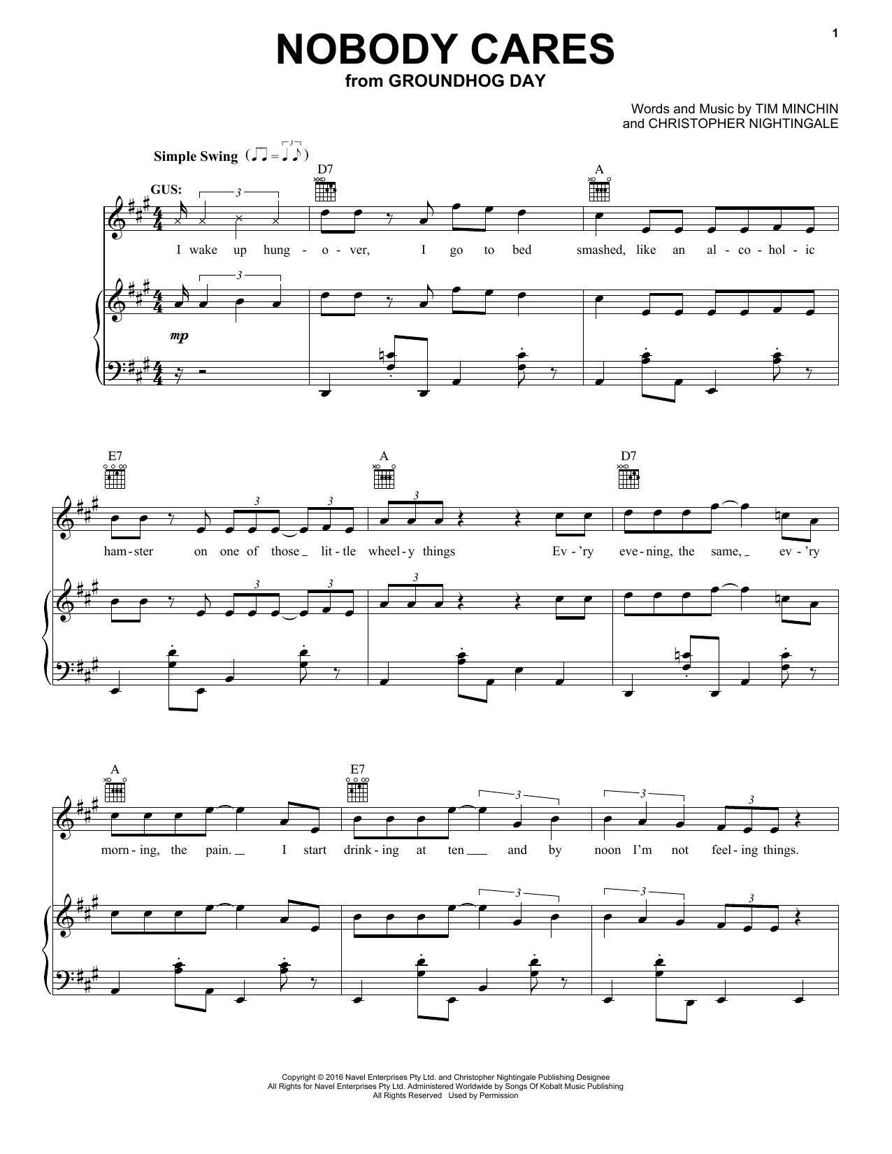 Tim Minchin and Christopher Nightingale Nobody Cares (from Groundhog Day The Musical) Sheet Music Notes & Chords for Piano, Vocal & Guitar (Right-Hand Melody) - Download or Print PDF