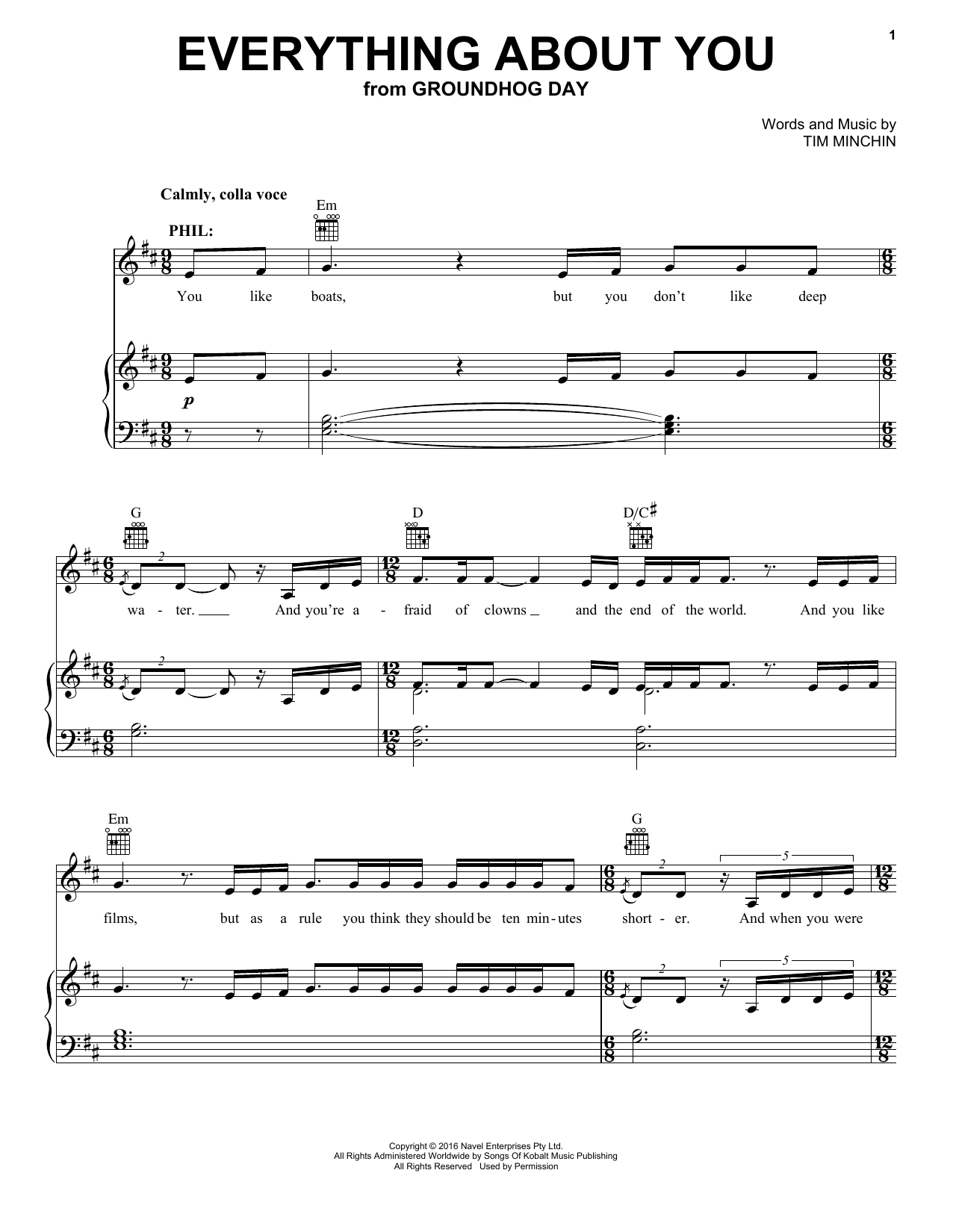 Tim Minchin Everything About You (from Groundhog Day The Musical) Sheet Music Notes & Chords for Piano, Vocal & Guitar (Right-Hand Melody) - Download or Print PDF