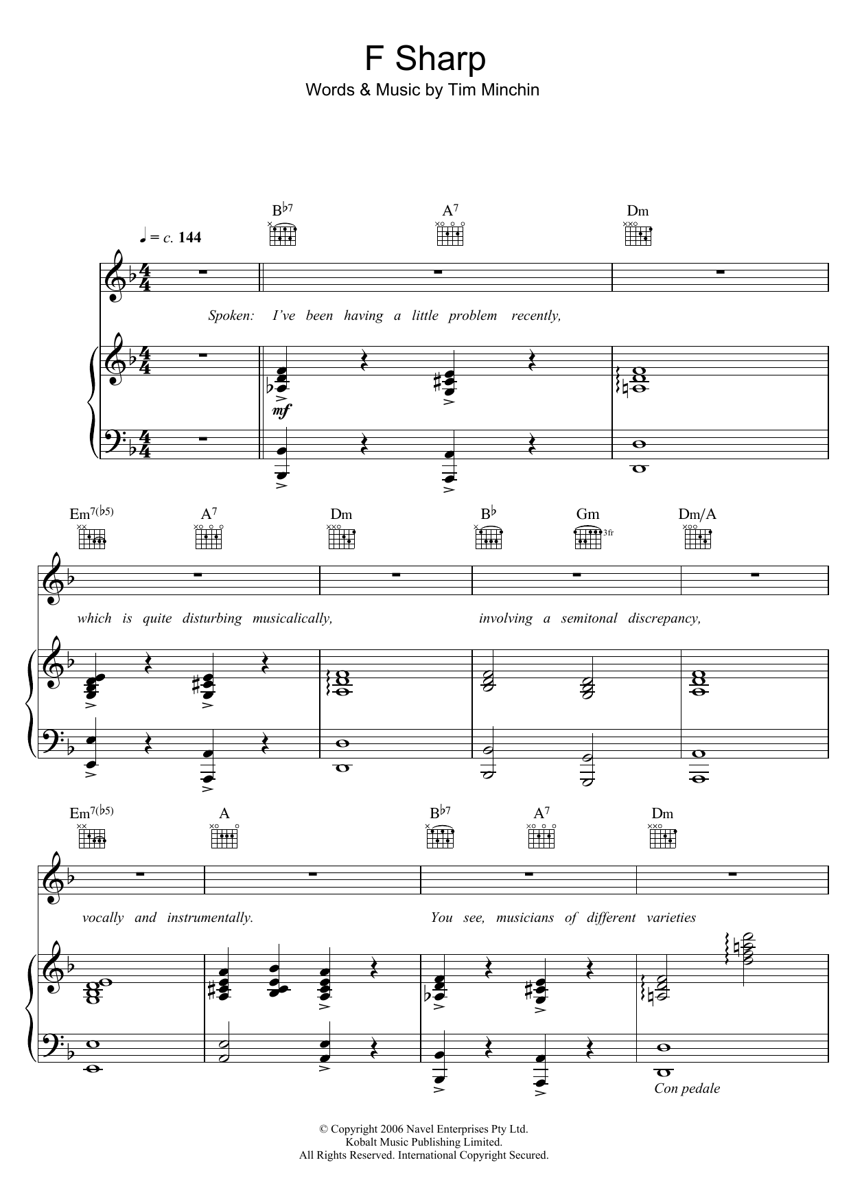 Tim Minchin F Sharp Sheet Music Notes & Chords for Piano, Vocal & Guitar (Right-Hand Melody) - Download or Print PDF
