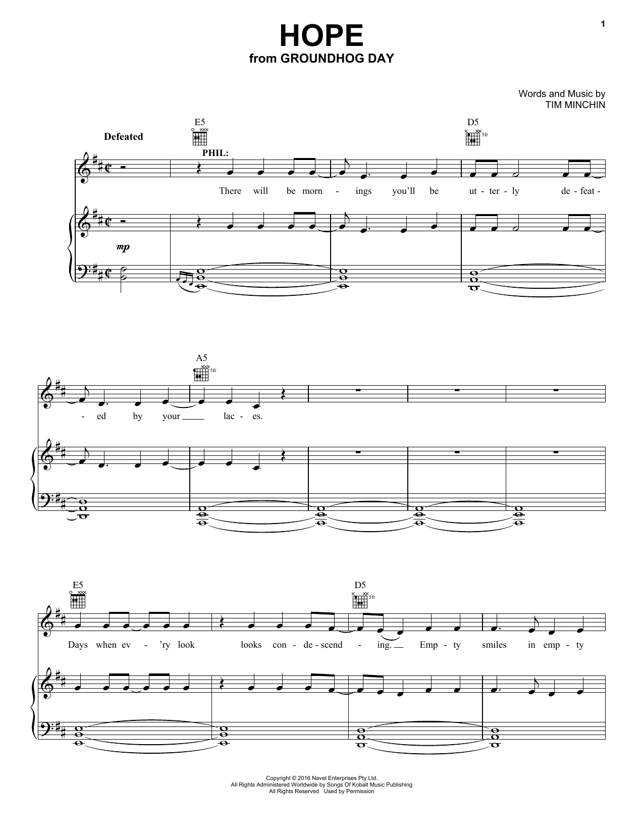 Tim Minchin Hope (from Groundhog Day The Musical) Sheet Music Notes & Chords for Piano, Vocal & Guitar (Right-Hand Melody) - Download or Print PDF