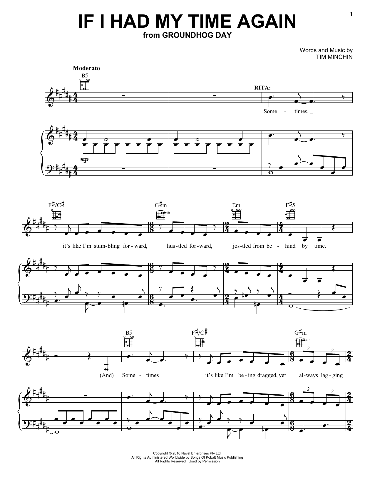 Tim Minchin If I Had My Time Again (from Groundhog Day The Musical) Sheet Music Notes & Chords for Piano, Vocal & Guitar (Right-Hand Melody) - Download or Print PDF