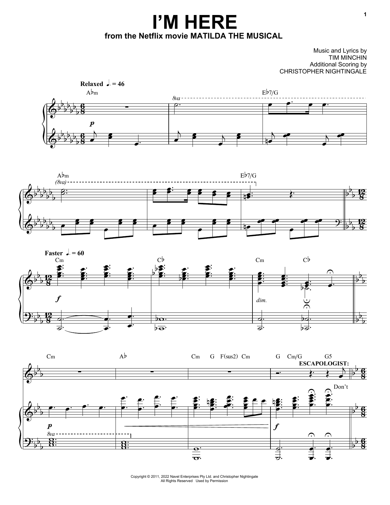 Tim Minchin I'm Here (from the Netflix movie Matilda The Musical) Sheet Music Notes & Chords for Piano & Vocal - Download or Print PDF