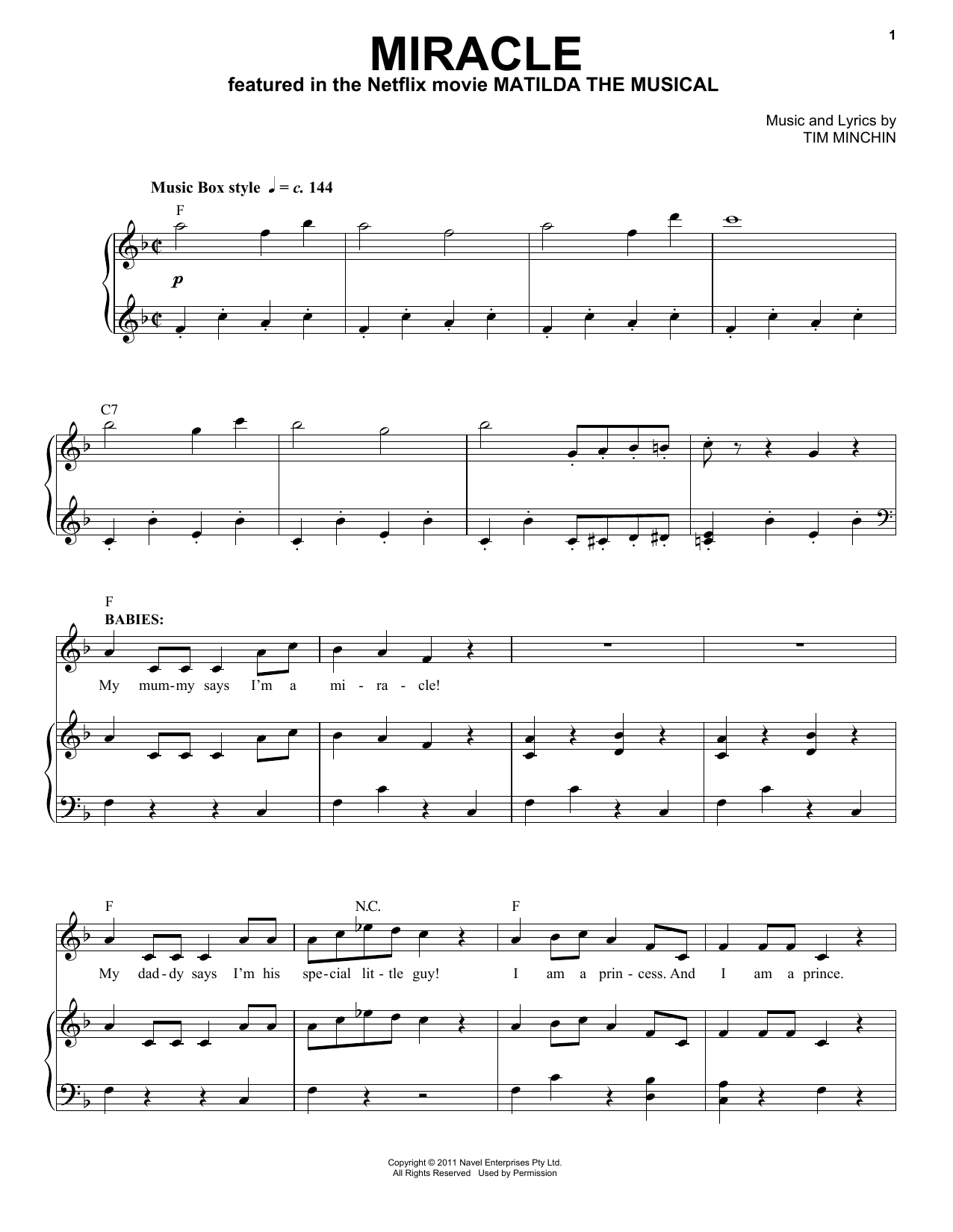 Tim Minchin Miracle (from the Netflix movie Matilda The Musical) Sheet Music Notes & Chords for Piano & Vocal - Download or Print PDF