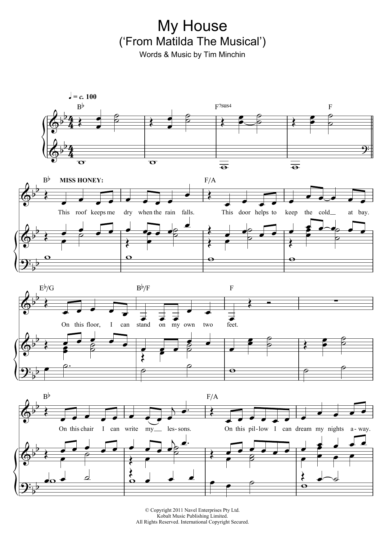 Tim Minchin My House (from 'Matilda The Musical') Sheet Music Notes & Chords for Piano (Big Notes) - Download or Print PDF