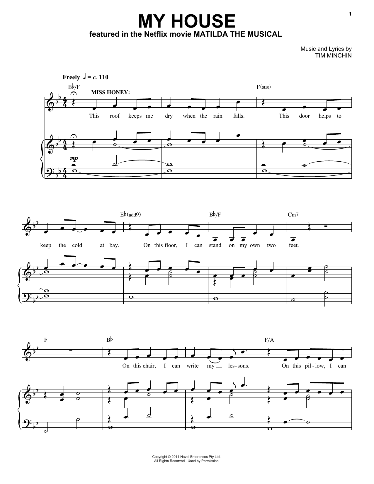 Tim Minchin My House (from the Netflix movie Matilda The Musical) Sheet Music Notes & Chords for Piano & Vocal - Download or Print PDF