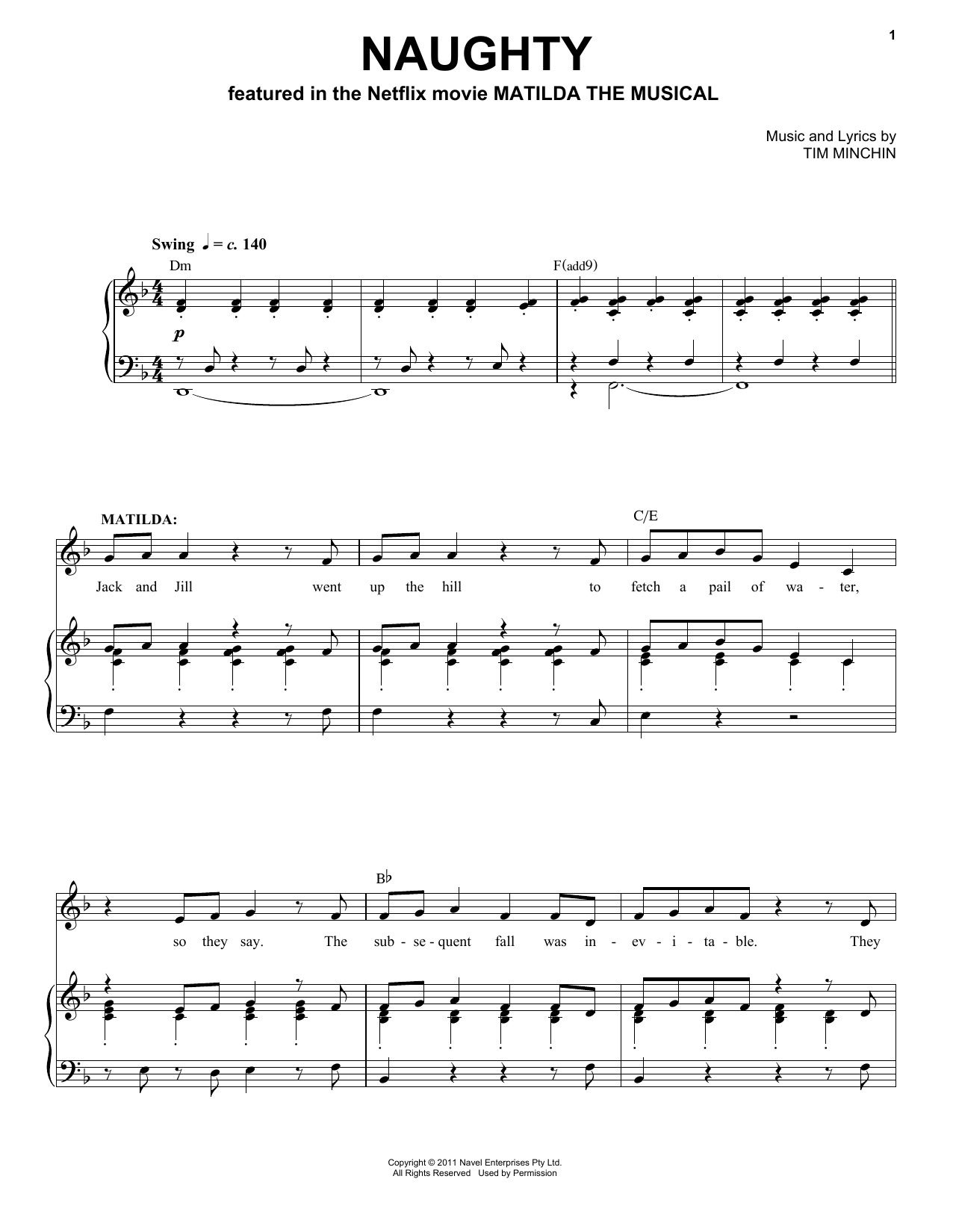 Tim Minchin Naughty (from the Netflix movie Matilda The Musical) Sheet Music Notes & Chords for Piano & Vocal - Download or Print PDF