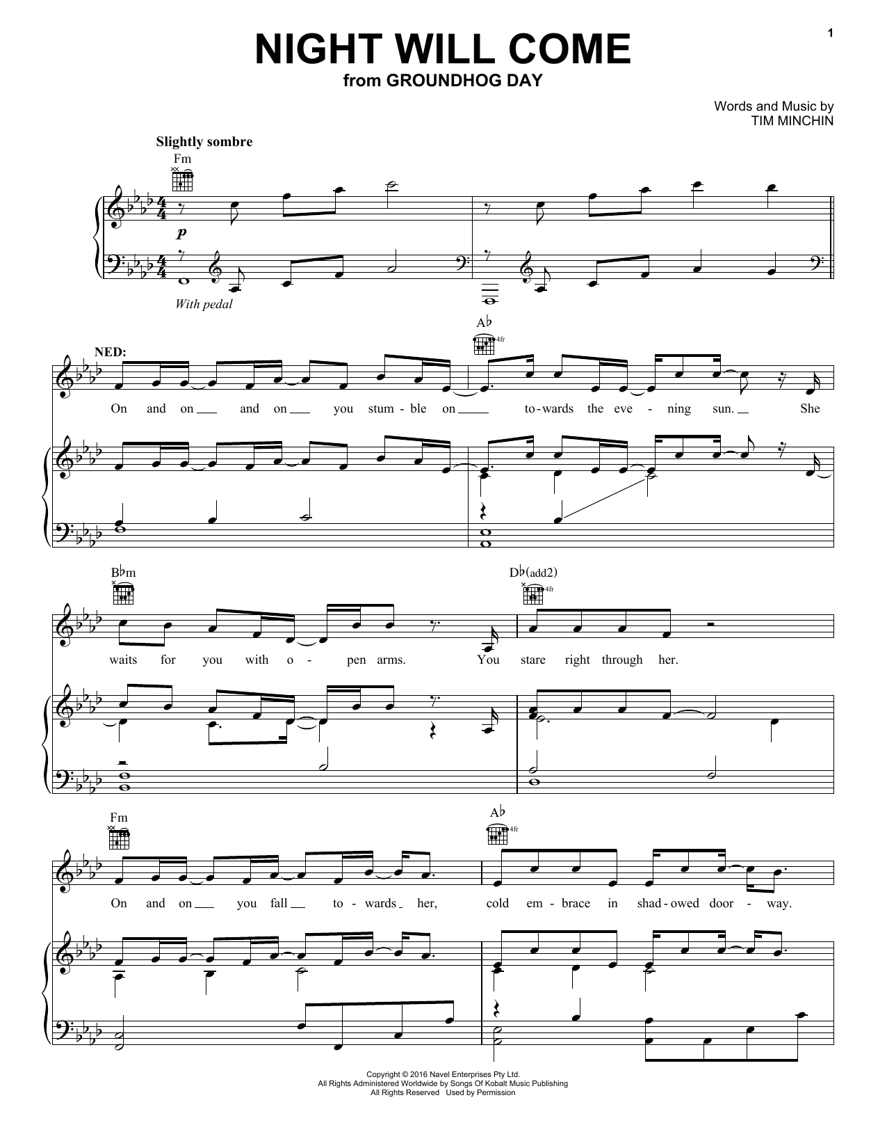 Tim Minchin Night Will Come (from Groundhog Day The Musical) Sheet Music Notes & Chords for Piano, Vocal & Guitar (Right-Hand Melody) - Download or Print PDF