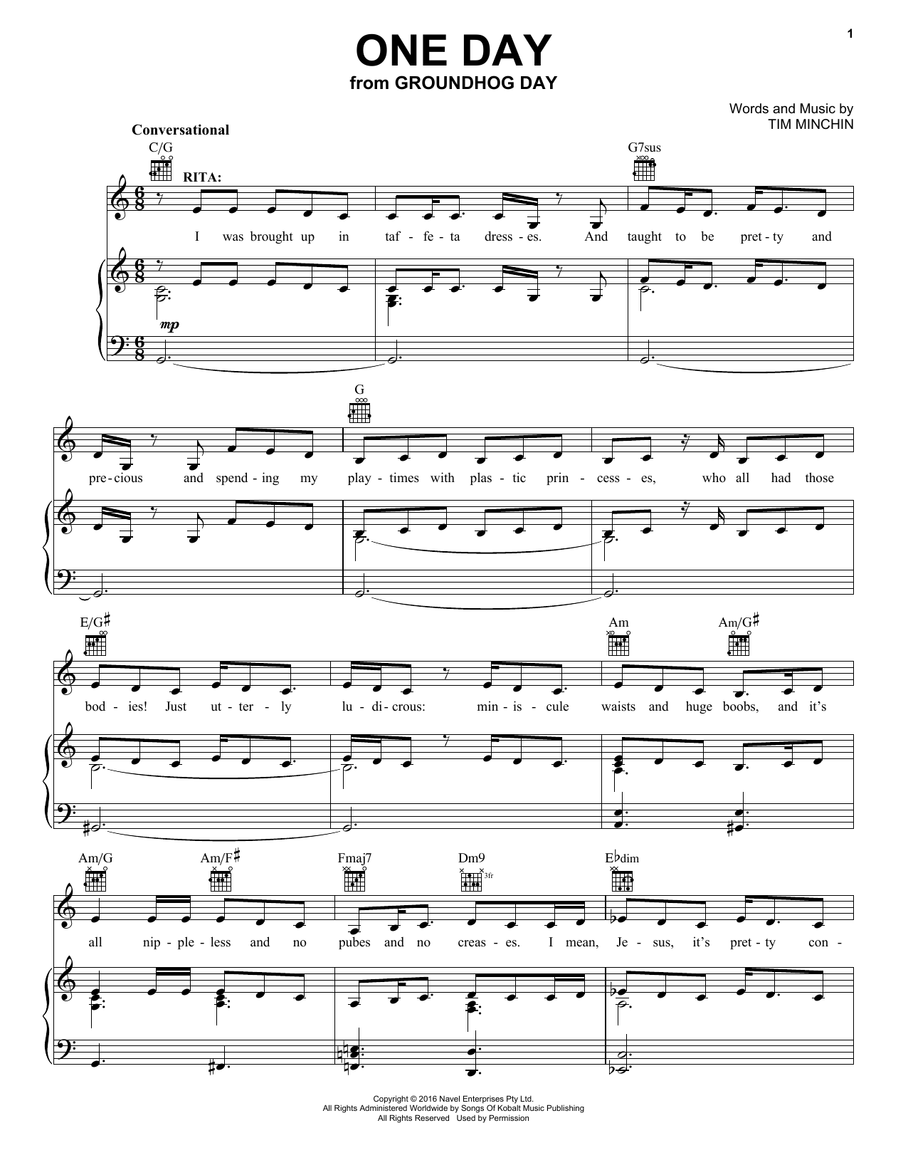 Tim Minchin One Day (from Groundhog Day The Musical) Sheet Music Notes & Chords for Piano, Vocal & Guitar (Right-Hand Melody) - Download or Print PDF