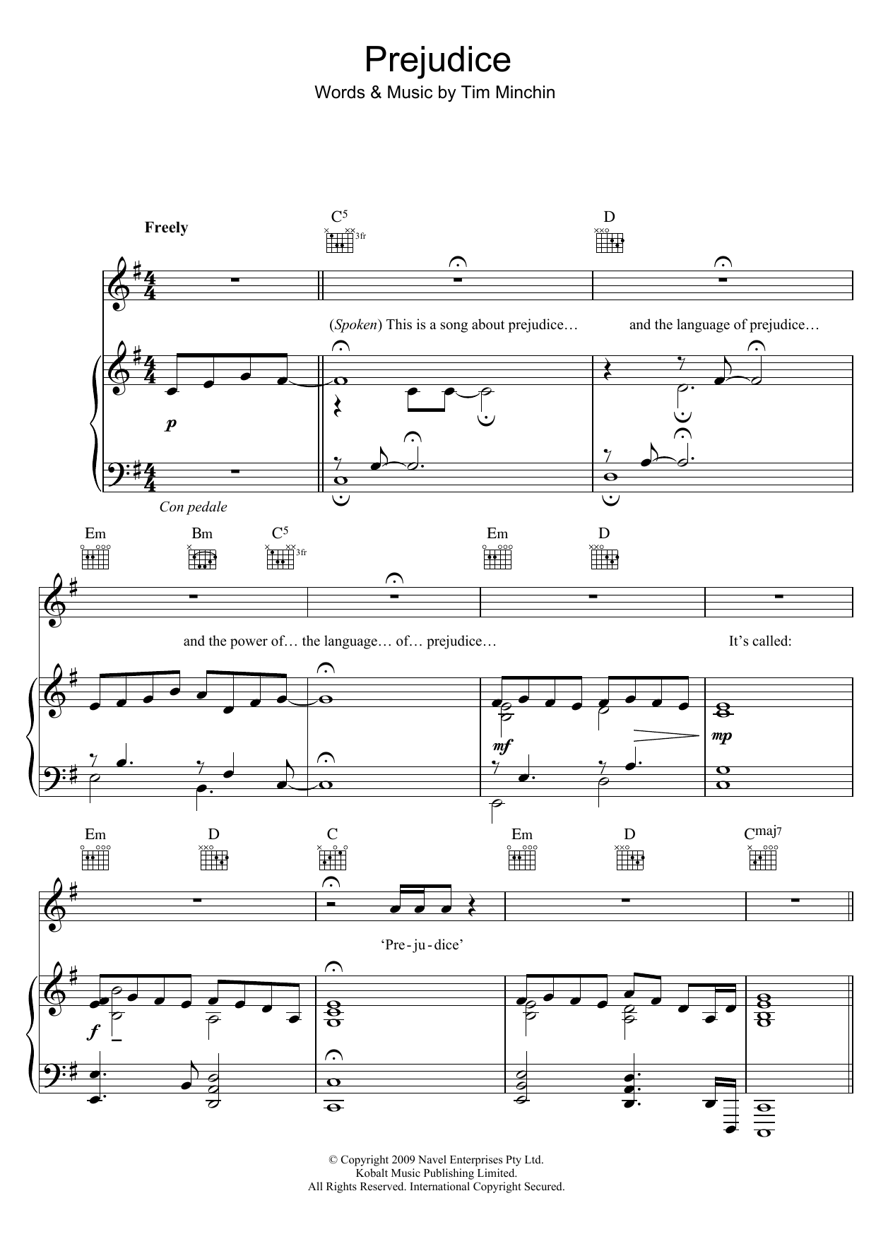 Tim Minchin Prejudice Sheet Music Notes & Chords for Piano, Vocal & Guitar (Right-Hand Melody) - Download or Print PDF