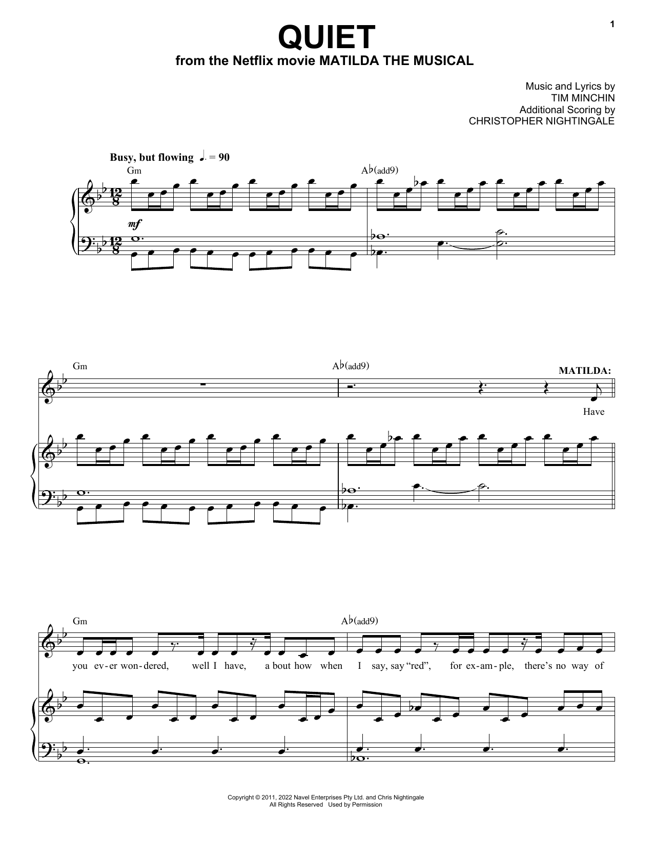 Tim Minchin Quiet (from the Netflix movie Matilda The Musical) Sheet Music Notes & Chords for Piano & Vocal - Download or Print PDF