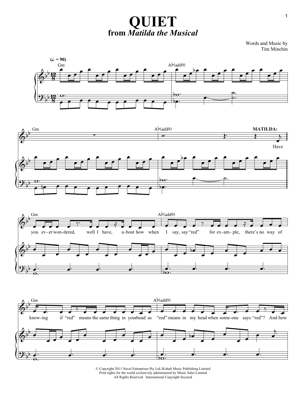 Tim Minchin Quiet Sheet Music Notes & Chords for Piano & Vocal - Download or Print PDF