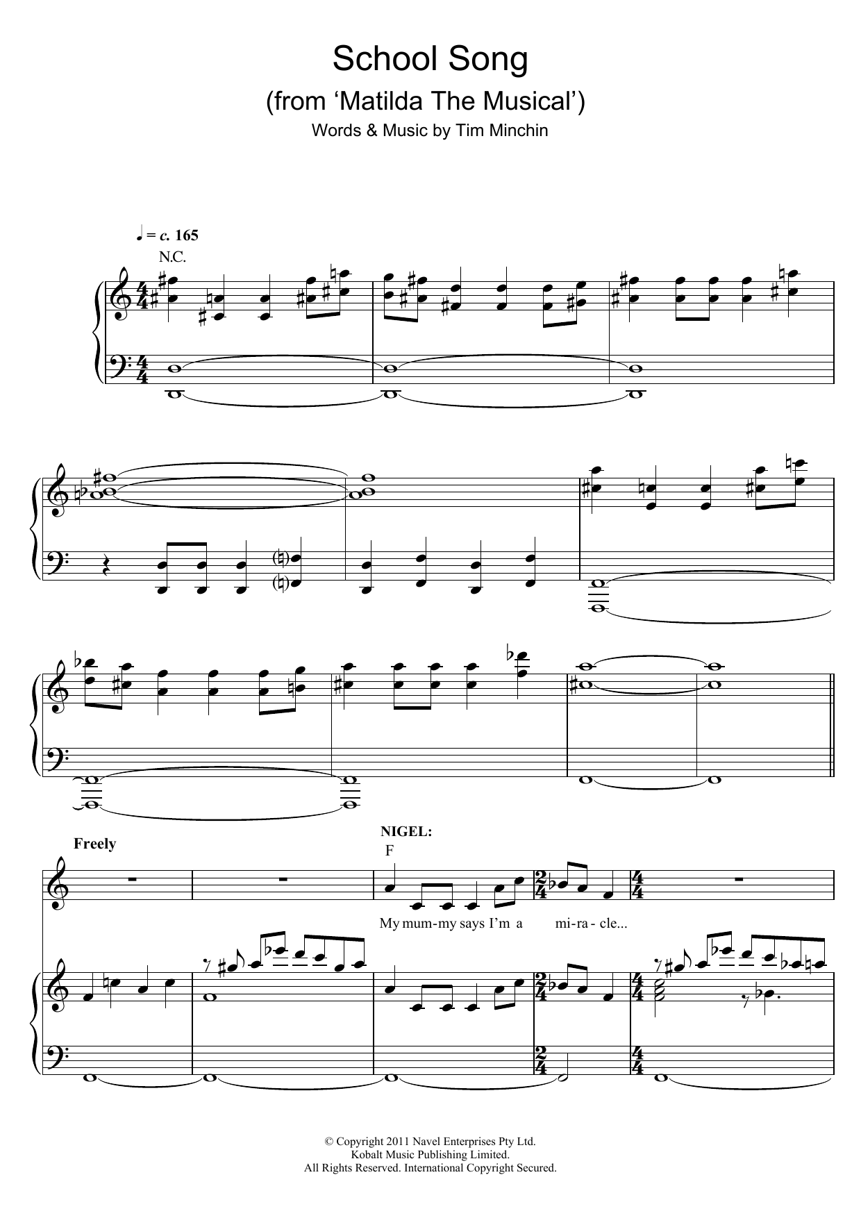 Tim Minchin School Song (from 'Matilda The Musical') Sheet Music Notes & Chords for Piano (Big Notes) - Download or Print PDF