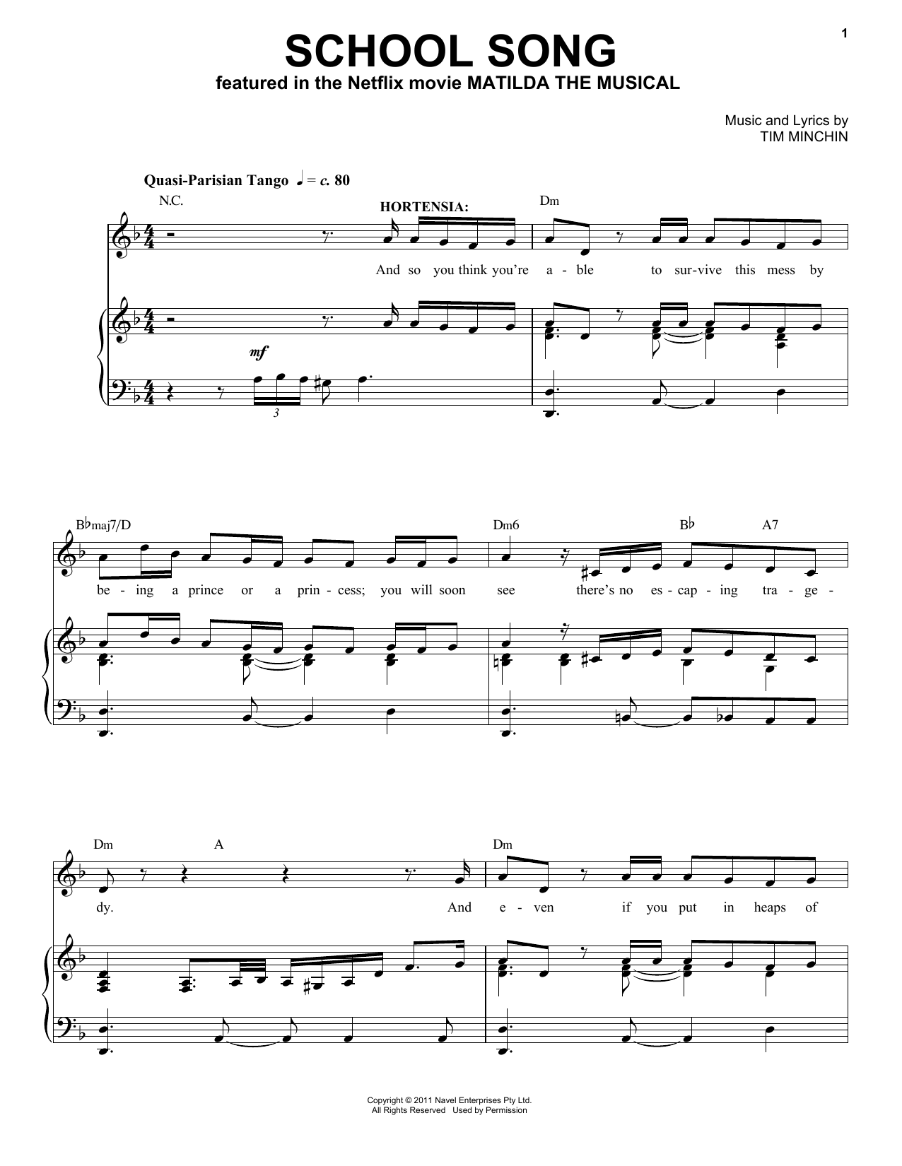 Tim Minchin School Song (from the Netflix movie Matilda The Musical) Sheet Music Notes & Chords for Piano & Vocal - Download or Print PDF