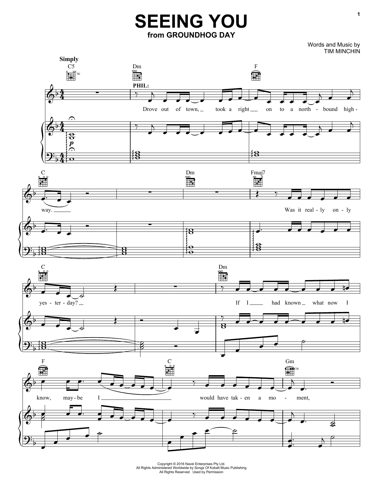 Tim Minchin Seeing You (from Groundhog Day The Musical) Sheet Music Notes & Chords for Piano, Vocal & Guitar (Right-Hand Melody) - Download or Print PDF
