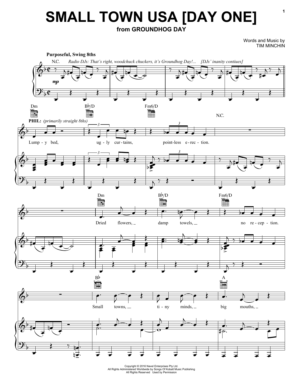 Tim Minchin Small Town USA [Day One] (from Groundhog Day The Musical) Sheet Music Notes & Chords for Piano, Vocal & Guitar (Right-Hand Melody) - Download or Print PDF