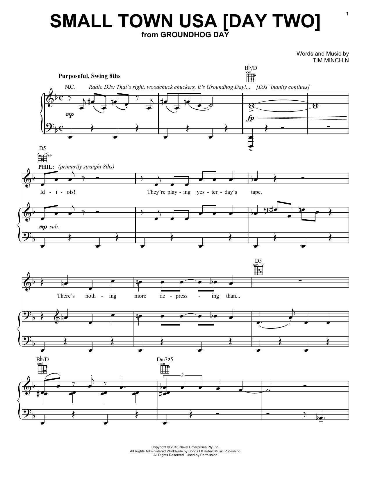 Tim Minchin Small Town USA [Day Two] (from Groundhog Day The Musical) Sheet Music Notes & Chords for Piano, Vocal & Guitar (Right-Hand Melody) - Download or Print PDF